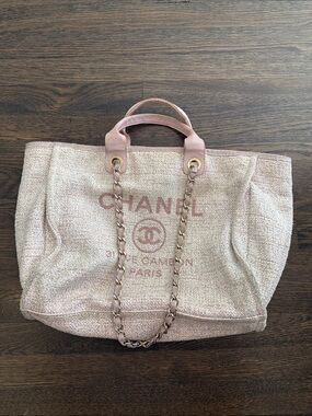 Authentic Chanel Large Pink Tweed Deauville Tote